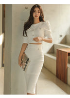 H Han Queen Hot Sale Spring White 2 Pieces Set Women Short Tops + High Waist Pencil Skirts Casual Simple Office Lady Skirt Suit