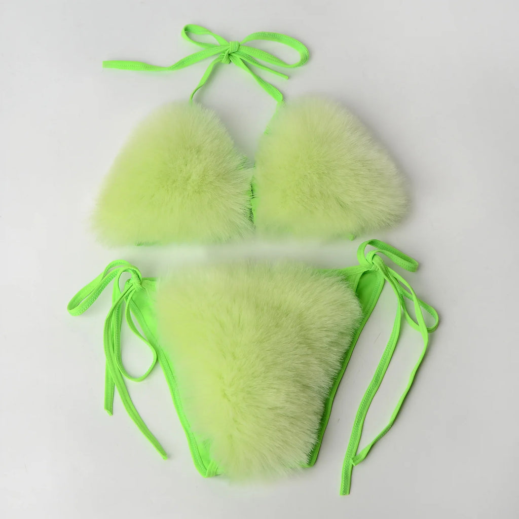 Summer Women Fake Fox Fur Sexy Halter Solid Color Bikini Set Swimsuits Triangle Sexy Bikini Set Faux Fur Swimsuit Plush Swimwear