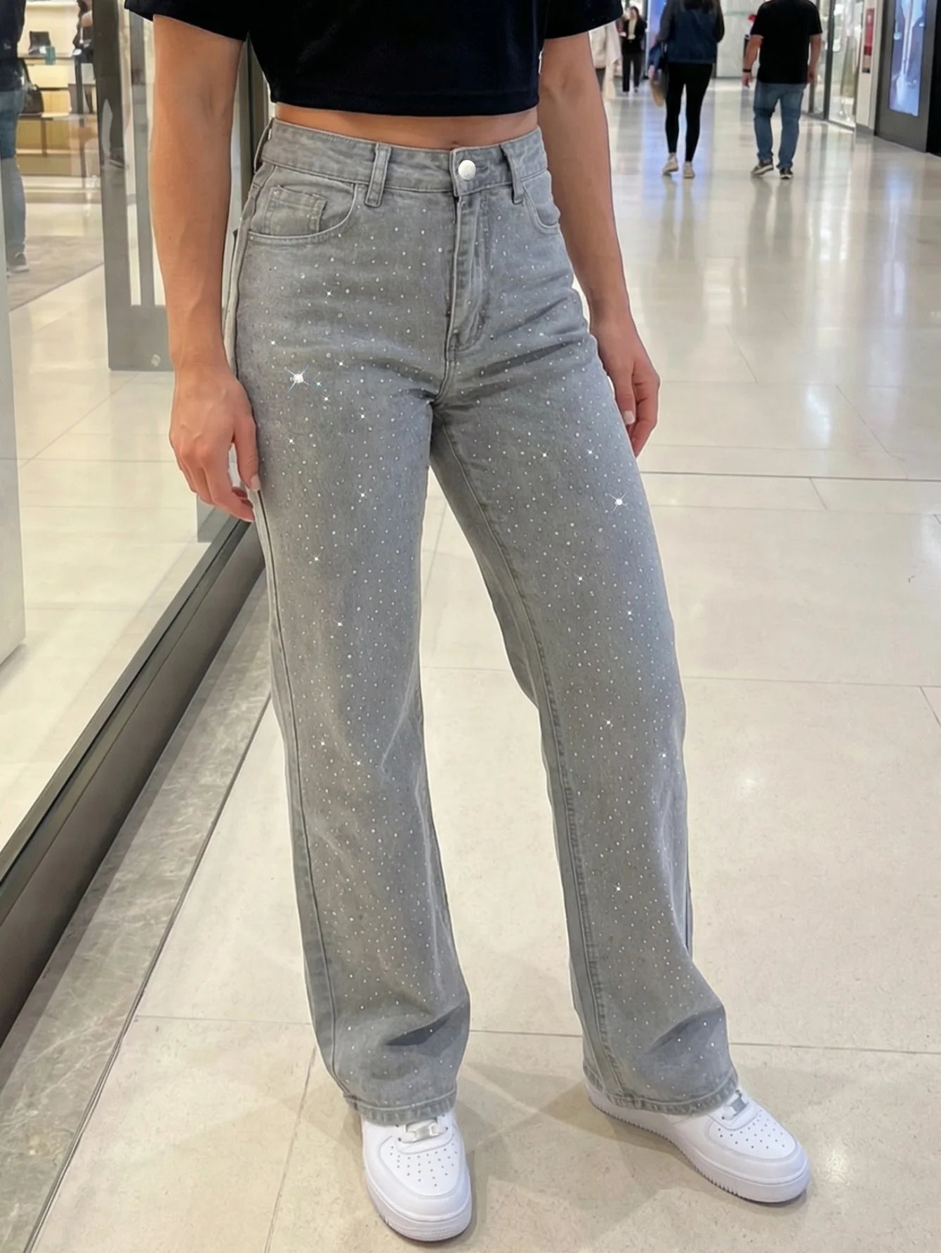 Women's Glittering Embellished Wide-Leg Pants Snowflake-Washed Denim Long Trousers Stretchy Fashionable Casual Pants