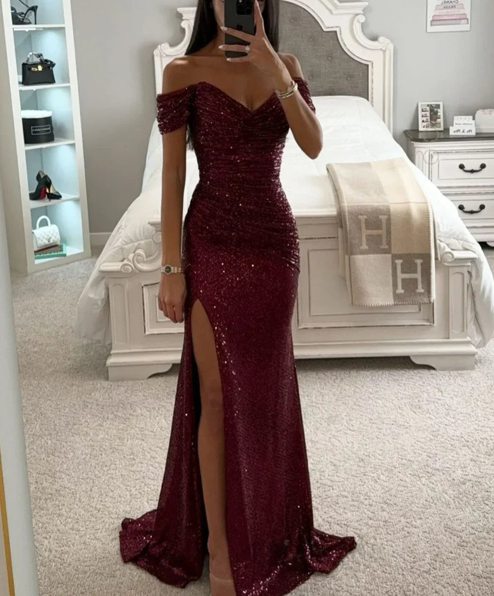 Women's S-XL Size New Party Sequins One line Neck Split Dress INS Casual Versatile Fashionable Charming Slimming Dress for Women
