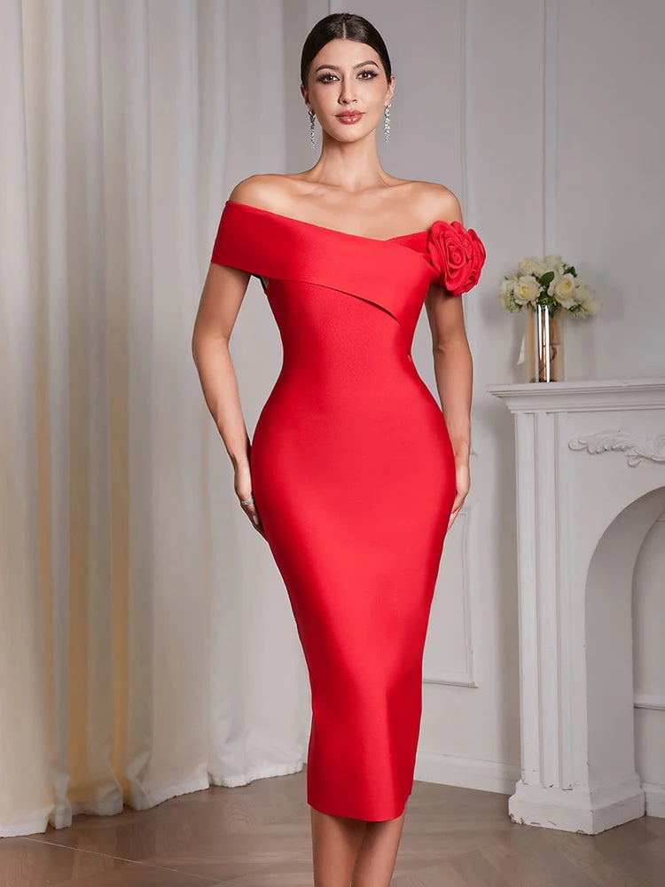 2026 Sexy Off The Shoulder Flower Patchwork Bandage Dress Women Red Florals Bodycon Midi Dresses Evening Party Gowns Secondary image