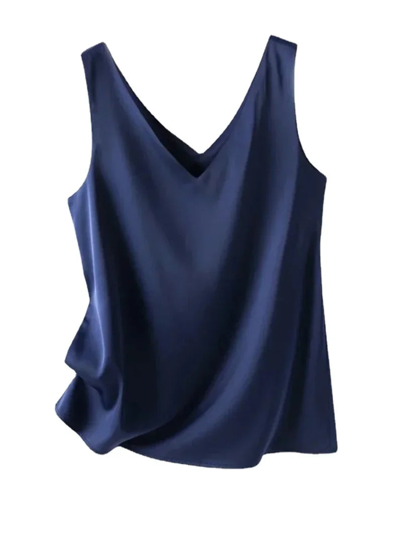 Woman T-shirts Elegant SILK Satin Blouse Sleeveless Female Summer 2026 Casual Loose Tanks and Camis Solid Green Tops for Women
