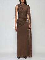 Kliou Ruched Elegant Gown Dress Woman o-Neck Sleeveless Ribbon Decoration Metal Trim High Waist Midnight Prom Party Long Bodycon