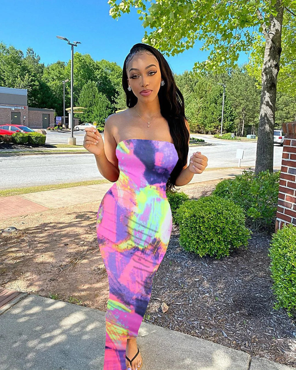 Spring/Summer Women's Colorful Tie Dye Print Off Shoulder Wrapped Chest Dress
