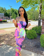 Spring/Summer Women's Colorful Tie Dye Print Off Shoulder Wrapped Chest Dress