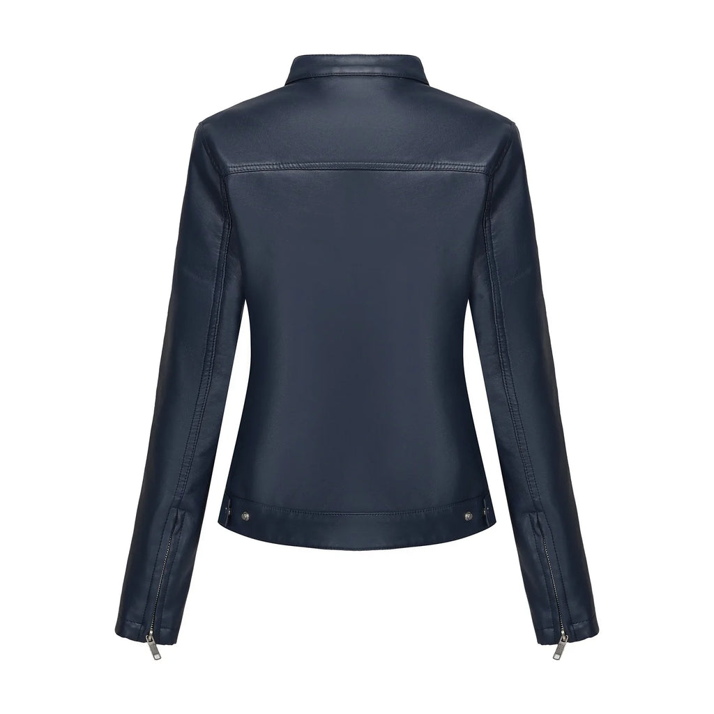 Black Women's Fitted Leather Jacket with Front Zipper & Side Pockets‌, Available in Brown, Navy Blue, and Beige.