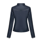 Black Women's Fitted Leather Jacket with Front Zipper & Side Pockets‌, Available in Brown, Navy Blue, and Beige.