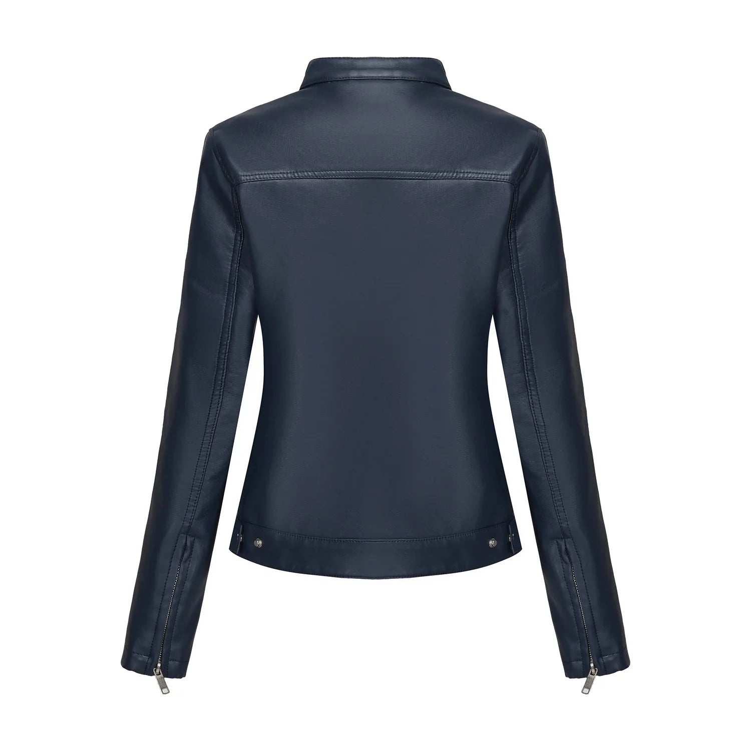 Black Women's Fitted Leather Jacket with Front Zipper & Side Pockets‌, Available in Brown, Navy Blue, and Beige.