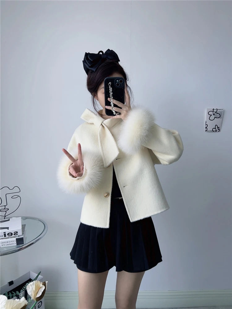 2025 & 2026 New Winter Real Natural Fox Fur Cuff Coat Ladies Outwear Female Coat Cashmere Wool Woolen Women Luxury Jacket