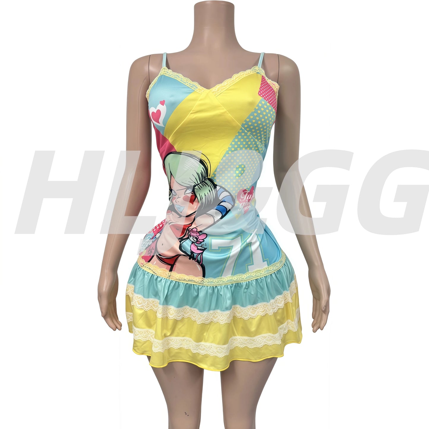 HLJ&GG Y2K Fashion Lace Splicing Bodycon Spaghetti Strap Mini Dresses Women Sleeveless Backless V Neck Slim Vestidos Streetwear