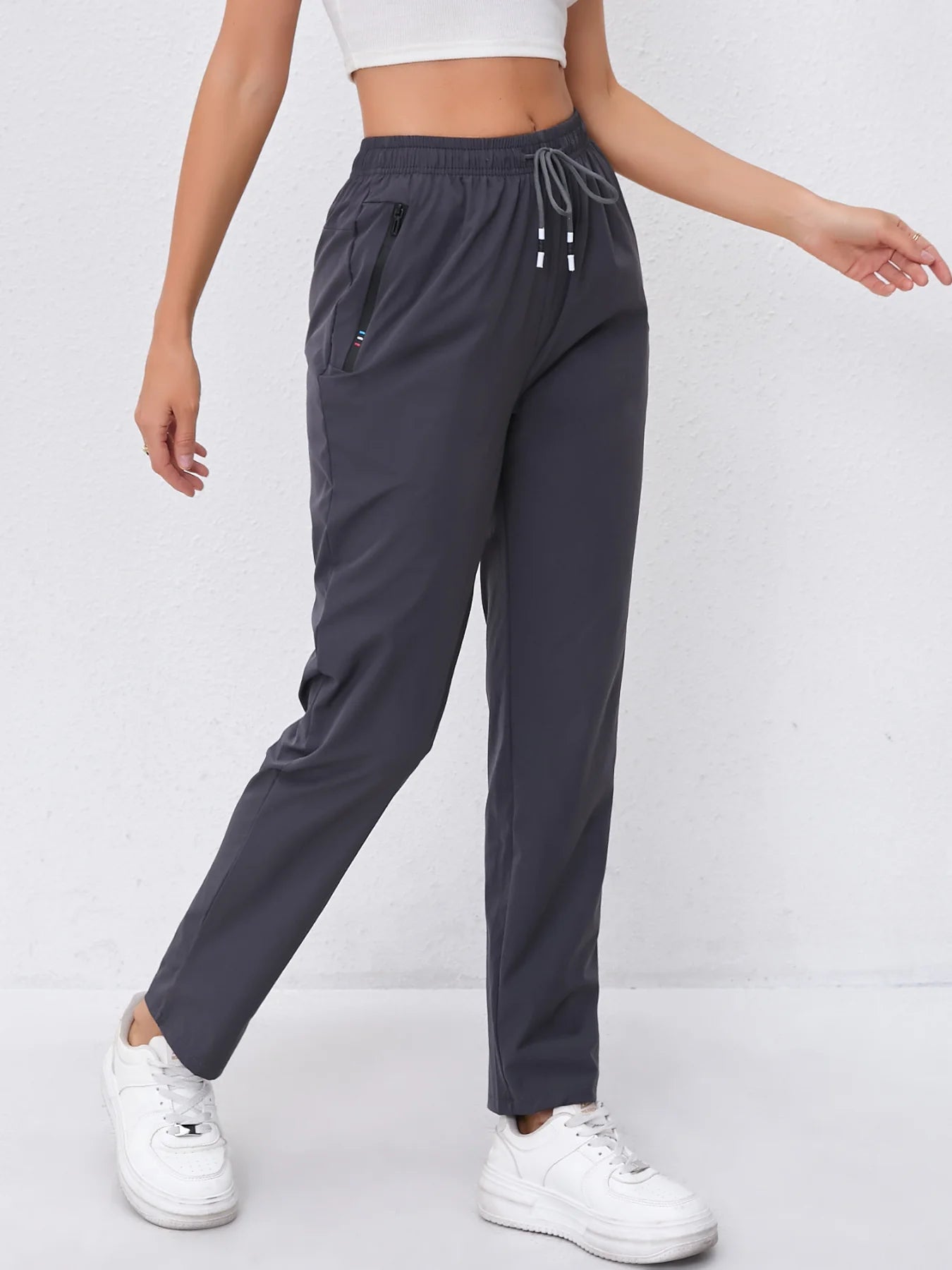 Women's High-Waist Slimming Drawstring Joggers with Dual Side Zipper Pockets - Lightweight, Breathable Nylon Blend Outdoor Pants Secondary image