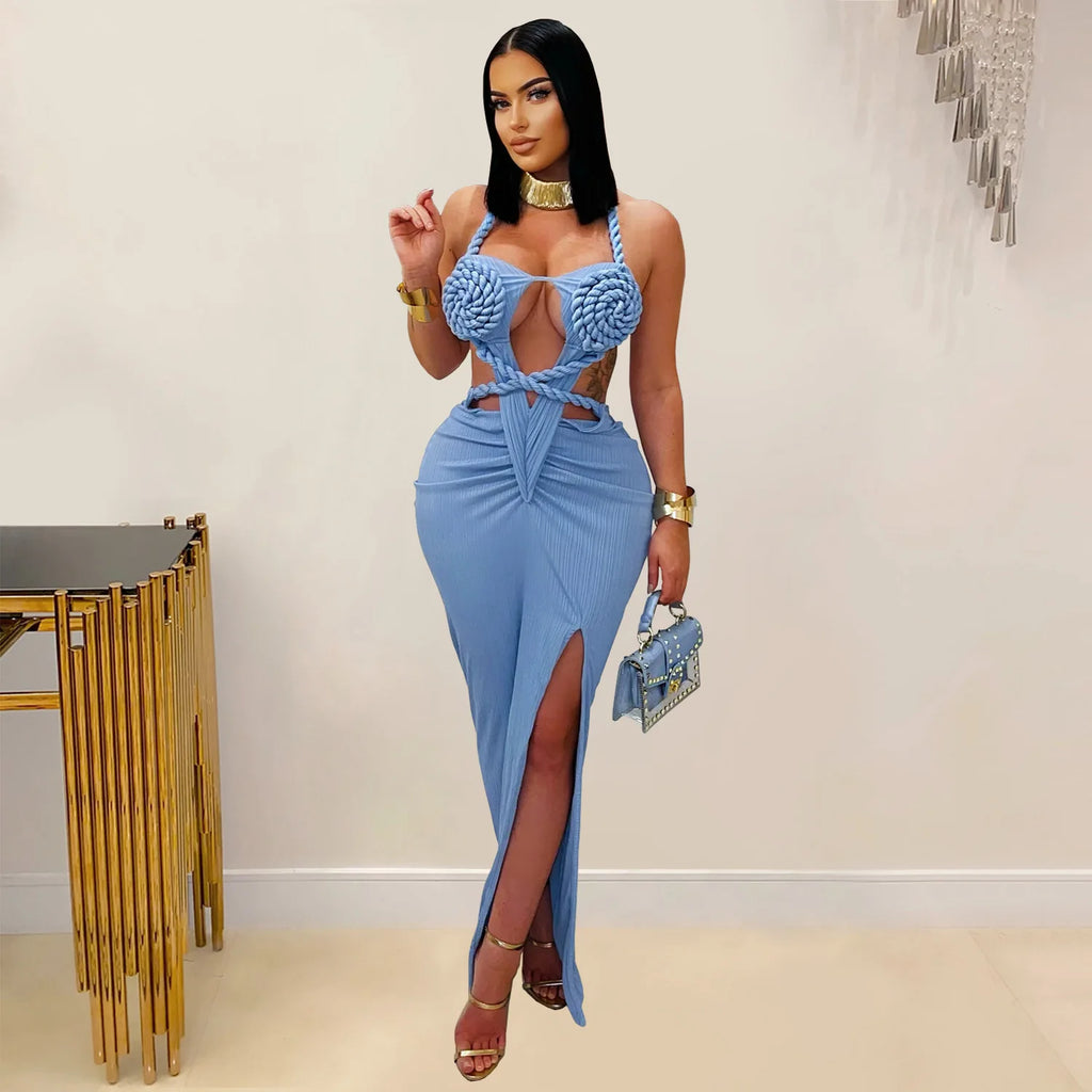 Women's Hollow Out Sleeveless Sexy Knitted Halter Neck Backless Solid Color Dress for Summer 2025