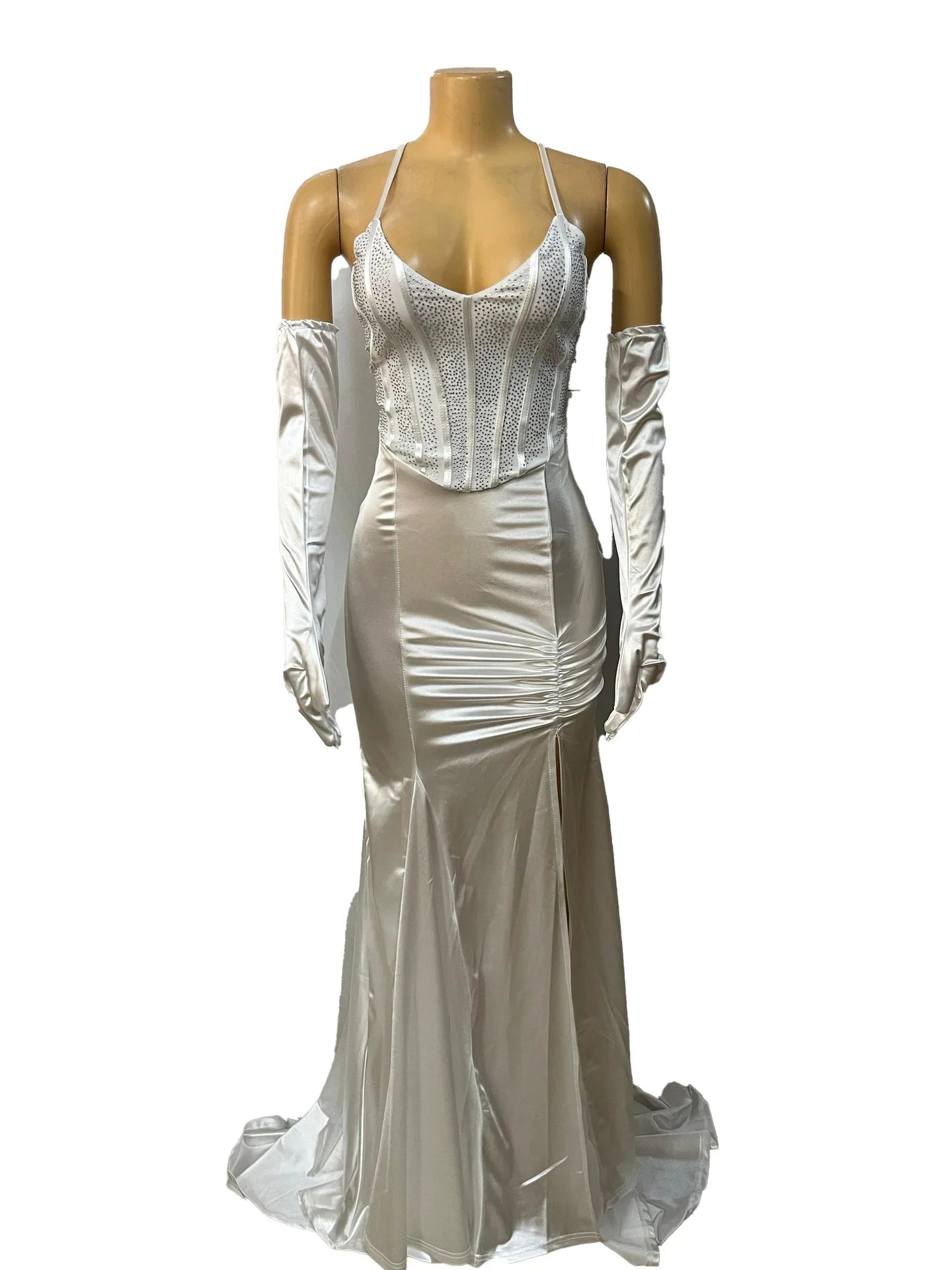 Women Sexy V-neck Lace Up Halter Backless Bodycon Birthday Dress Diamonds Corset Floor-length Evening Party Dresses with Gloves