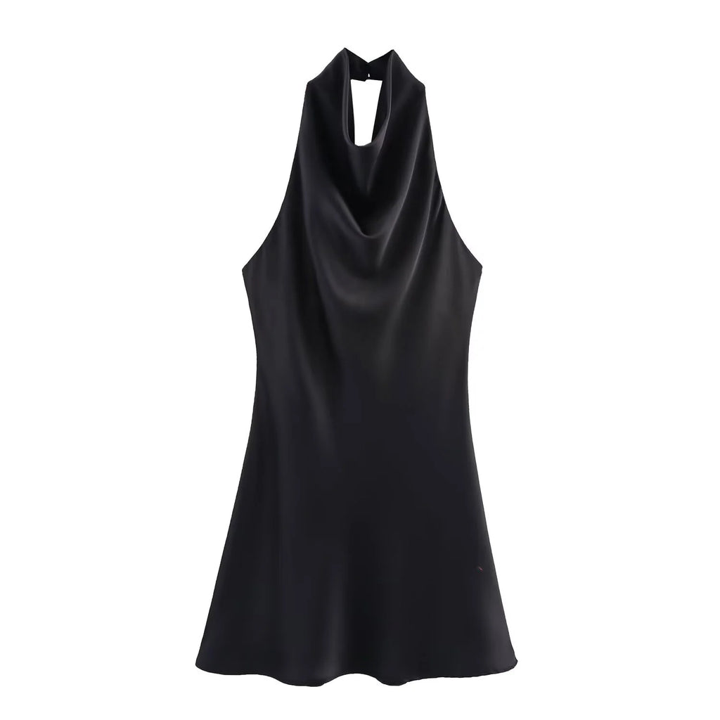2026 Summer New Women's Clothing Simple Temperament Fashionable And Sexy Backless Silk Satin Texture Hanging Neck Dress