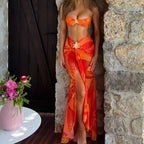 2025 New Bikini Three-Piece Set Metal Accessories High-End Beach Photo Shoot Strapless Fish Tail Long Skirt Sexy Swimwear