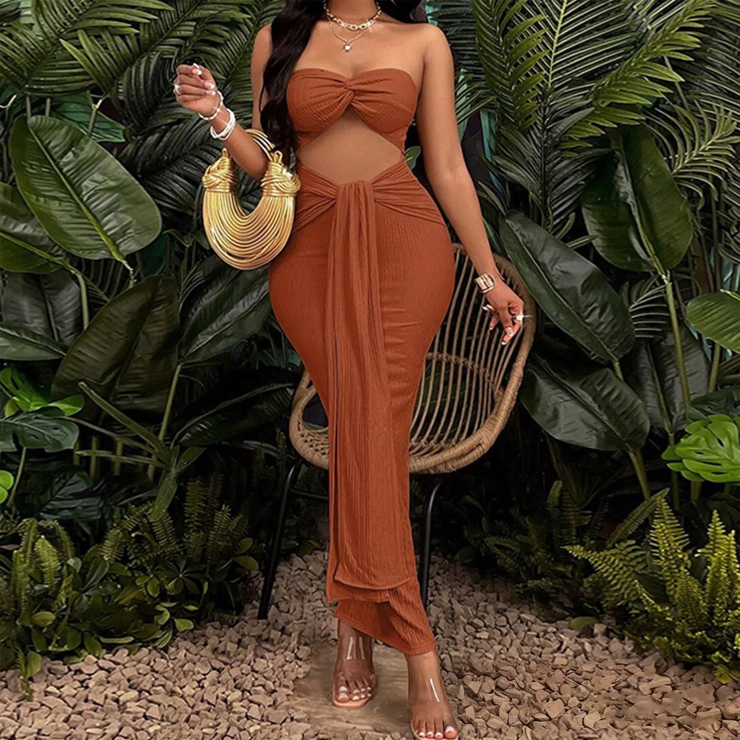 Sexy Backless Cutout Maxi Dress Solid Color High Slit Summer Sleeveless Elegant Y2K Style Women Party Dress