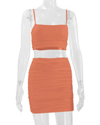 Women's New Sexy Sleeveless Strap Small Tank Top Short Top Fashion Wrinkle Bag Hip Skirt Two Piece Set
