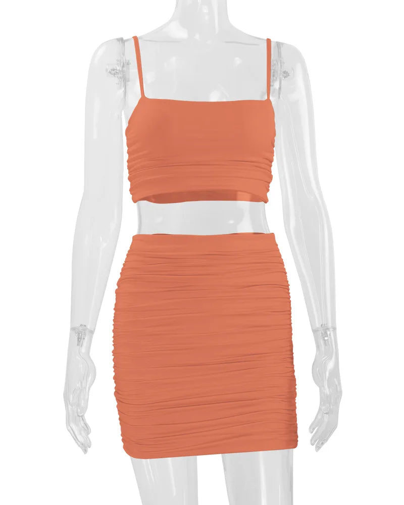 Women's New Sexy Sleeveless Strap Small Tank Top Short Top Fashion Wrinkle Bag Hip Skirt Two Piece Set