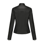Black Women's Fitted Leather Jacket with Front Zipper & Side Pockets‌, Available in Brown, Navy Blue, and Beige.