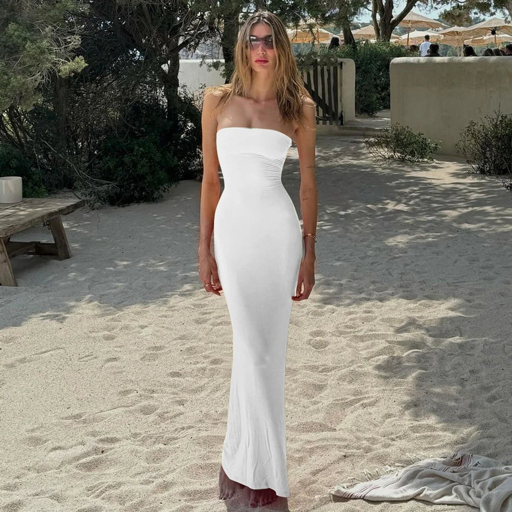 Hugcitar Elegant Women Solid Strapless Backless Bandage Sexy Bodycon Maxi Dress Summer Women Y2K Clothes Beach Vacation Party