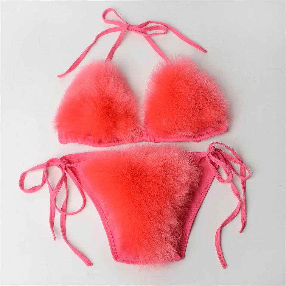 Summer Women Fake Fox Fur Sexy Halter Solid Color Bikini Set Swimsuits Triangle Sexy Bikini Set Faux Fur Swimsuit Plush Swimwear