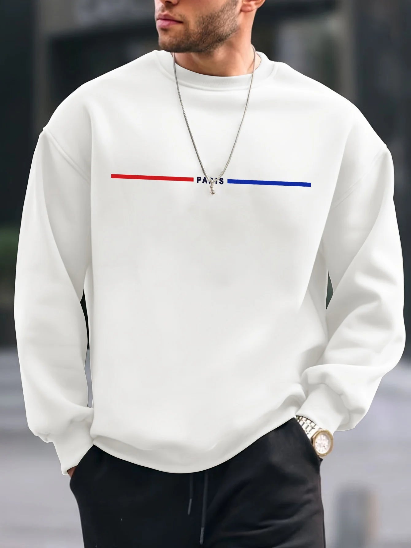 Men's autumn and winter thick velvet warm and fashionable casual loose Paris print round neck long sleeved pullover Main image