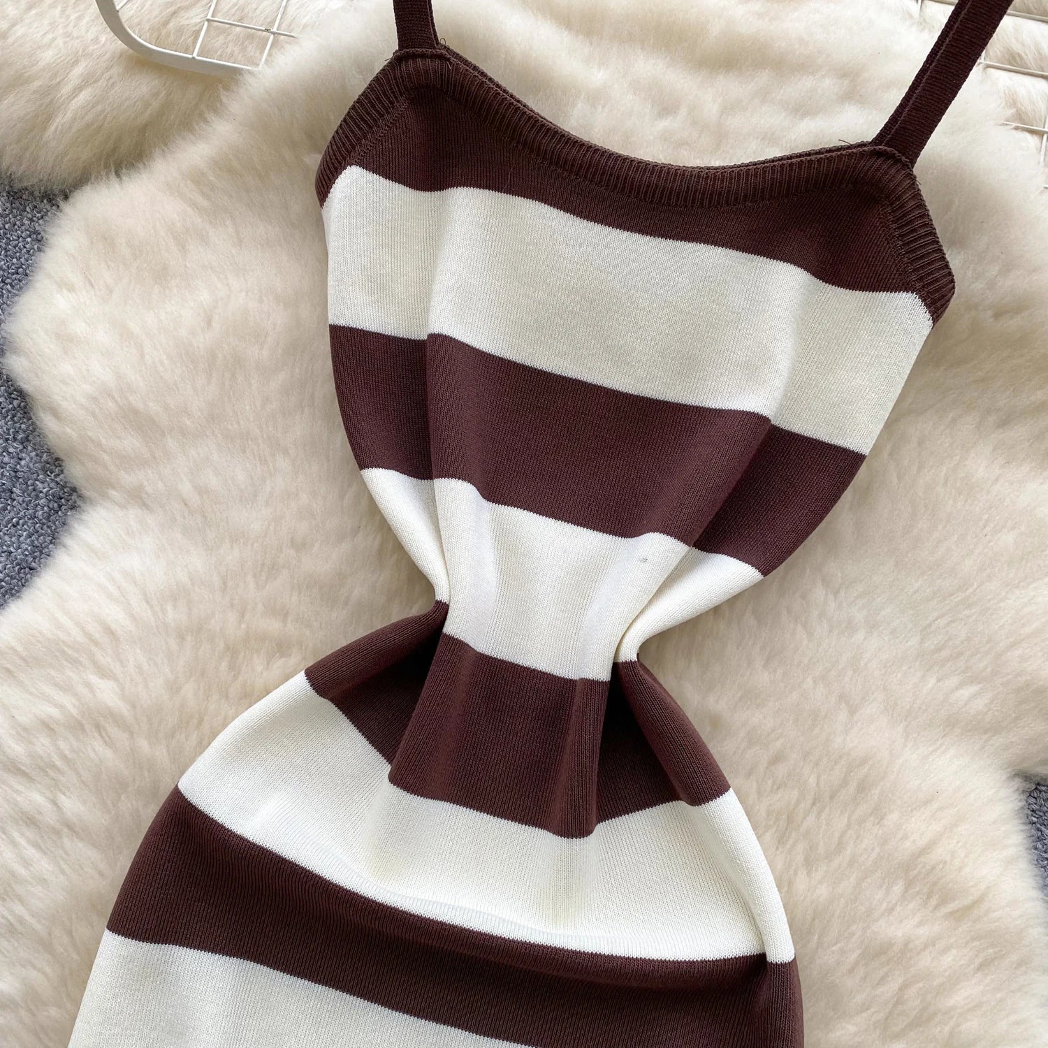 Lady New Stripes Ins Fashion Sexy Package Hips Bodycon Dress  Summer Knitted Spaghetti Straps Outfits Maxi Long Women Dress