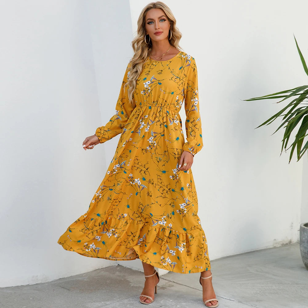 Women Maxi Dresses Sping Autumn Bohemian Casual Full Sleeve High Waist Beach Woman Chiffon Dresses Floral Vestidoes Long Dress Secondary image