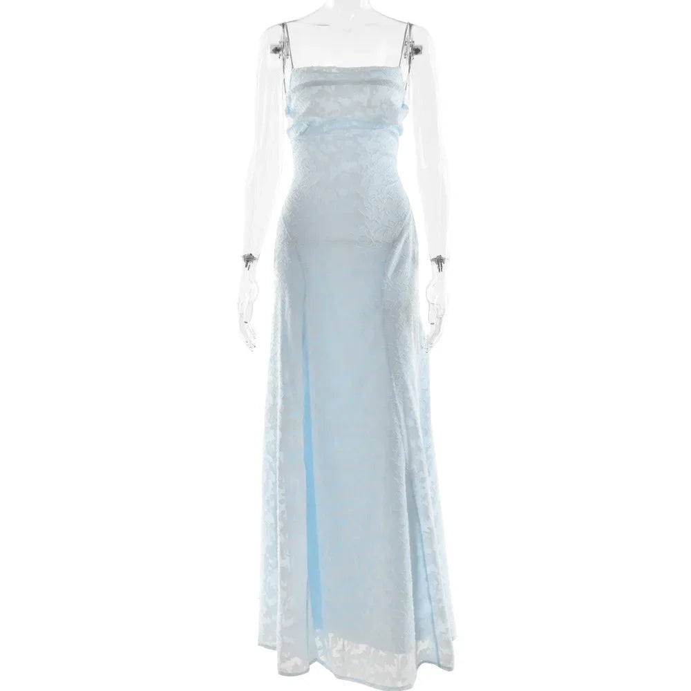 Chaxiaoa Spaghetti Strap Backless Sexy Maxi Dress Women Gown Fashion Off-shoulder Sleeveless Lace-up Evening Club Party Dress