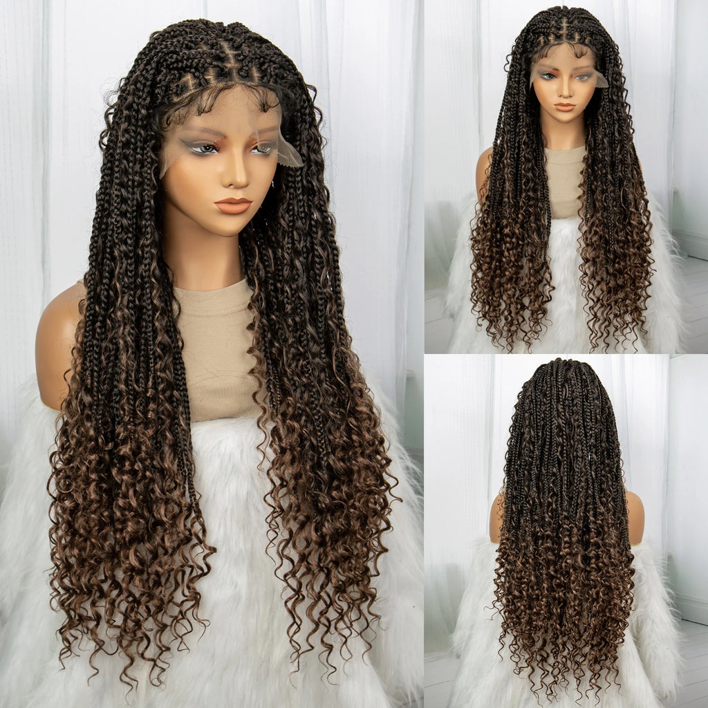 32inch Synthetic Boho Knotless Braided Wigs for Black Women Bohemian Box Braids Wigs Lace Front Braided Lace Wigs with Baby Hair