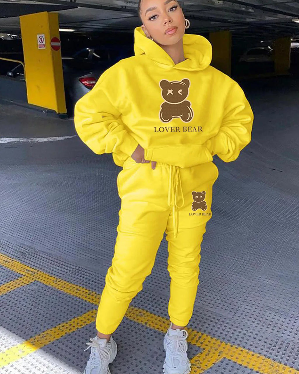 2 Piece Set Women Outfit Letter Bear Print Hooded Neck Hoodies Sweatshirt Pants Tracksuit 2024 Plus Size Streetwear Casual Suit