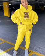 2 Piece Set Women Outfit Letter Bear Print Hooded Neck Hoodies Sweatshirt Pants Tracksuit 2024 Plus Size Streetwear Casual Suit