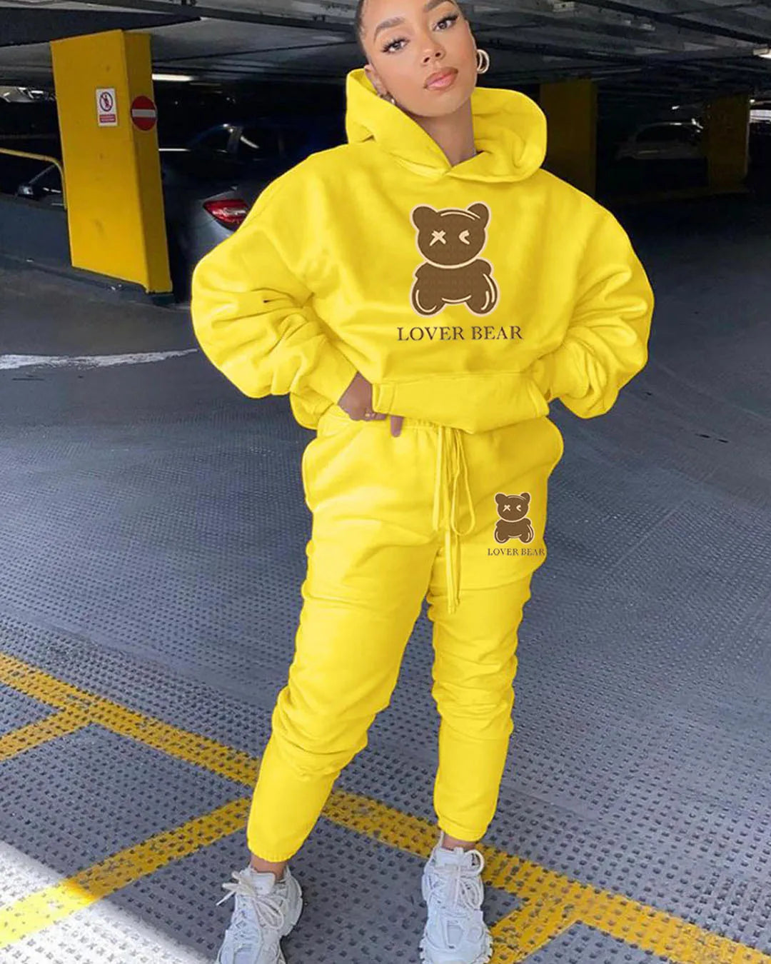2 Piece Set Women Outfit Letter Bear Print Hooded Neck Hoodies Sweatshirt Pants Tracksuit 2024 Plus Size Streetwear Casual Suit