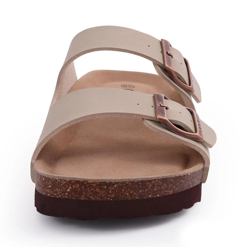 Comwarm Fashion Men Leather Sandals Summer Cork Footbed Slide Sandals Beach Sandals Unisex Brand Sandals with Adjustable Buckle