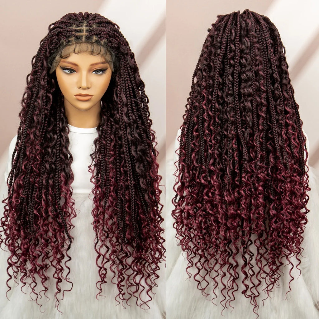 32inch Synthetic Boho Knotless Braided Wigs for Black Women Bohemian Box Braids Wigs Lace Front Braided Lace Wigs with Baby Hair