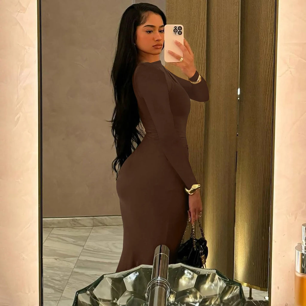 Hugcitar Autumn Solid Long Sleeve Draped Sexy Bodycon Maxi Prom Dress Women Fashion Y2K Outfits Evening Party Festival Club