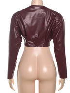 Sisterlinda Faux Leather Single Button Crop Jacket Women Autumn Trend Cross Neck Full Sleeve Wild Style Classic Streetwear Coat