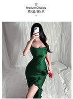 Red New Sling Sexy And Charming Ruffle Edge Bottom Split Smooth Surface Sleeveless Appear Thin Temperament Girl Long Dress 👗