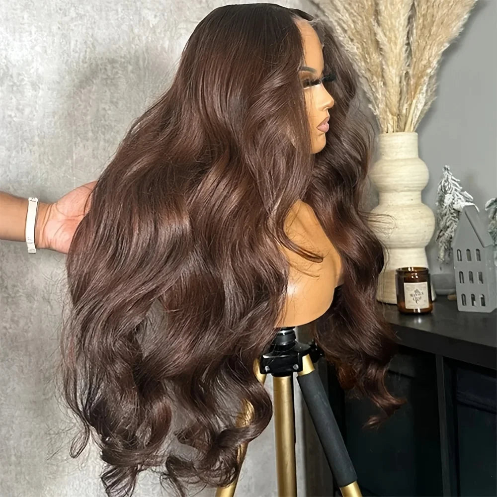 Chocolate Brown Body Wave Lace Front Wig Human Hair 220 Density Frontal Lace Wigs 30 Inch 13x6 HD Transparent Lace Human Wigs Main image