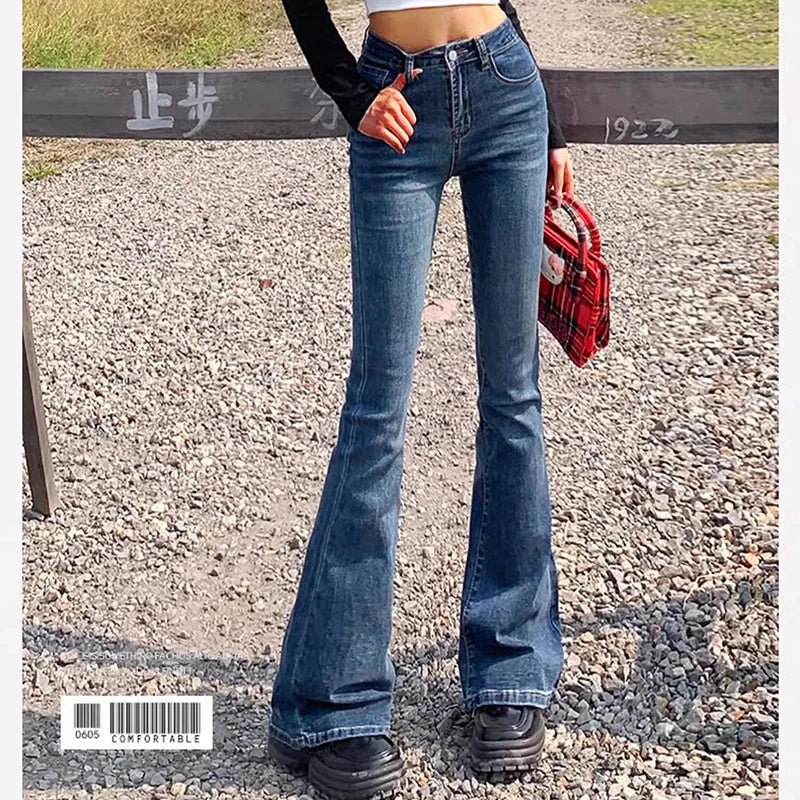 High Waist Flare Jeans - Elastic Bell Bottom Denim Pants