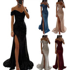 2026 Elegant Off-shoulder Gown Dress V-Neck Sequin Pleated Short Sleeve Waist Tight Maxi Dress Split Evening Party Prom Dress