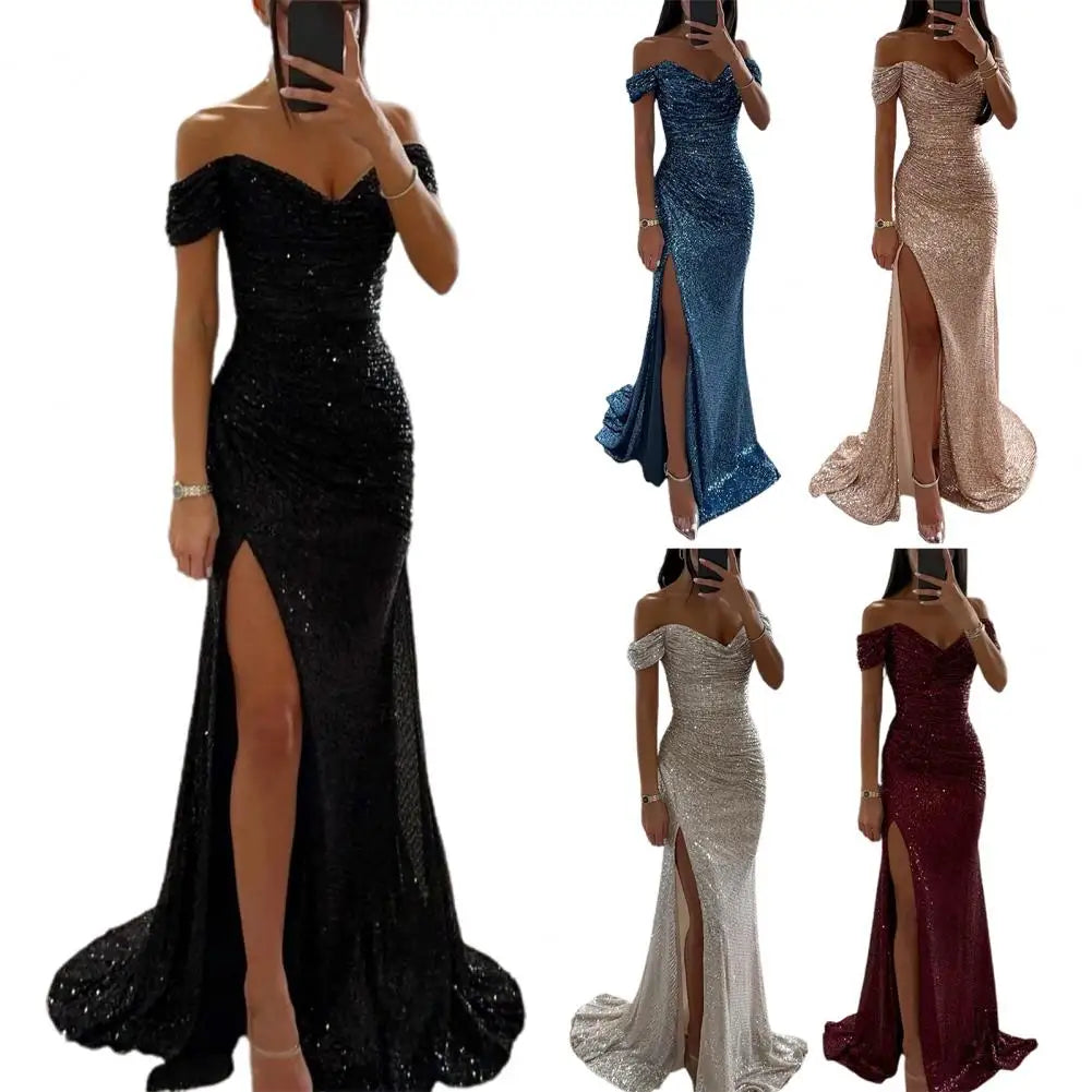 2026 Elegant Off-shoulder Gown Dress V-Neck Sequin Pleated Short Sleeve Waist Tight Maxi Dress Split Evening Party Prom Dress