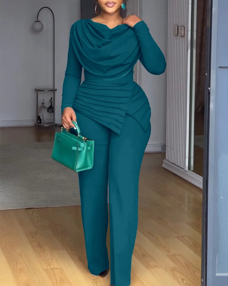 Swing Collar Ruched Jumpsuit Long Sleeve Solid Elegant Office Ladies Asymmetric Hem Autumn Casual Vintage Ruched Slim Rompers