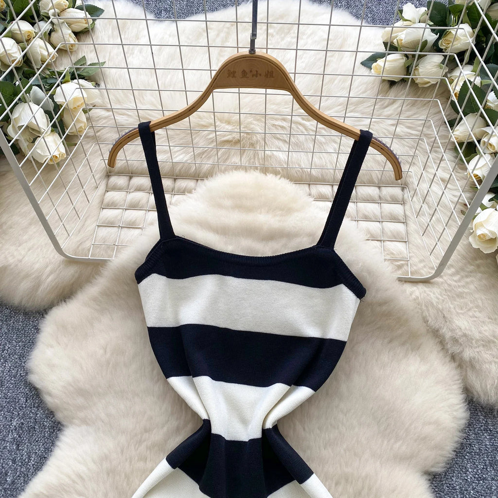 2025 & 2026 Lady New Stripes Ins Fashion Sexy Package Hips Bodycon Dress  Summer Knitted Spaghetti Straps Outfits Maxi Long Women Dress