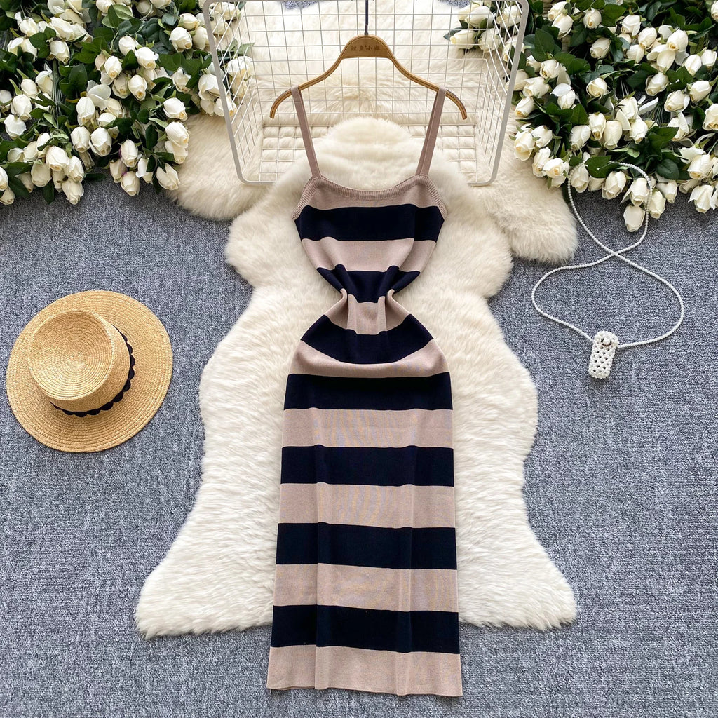 Lady New Stripes Ins Fashion Sexy Package Hips Bodycon Dress  Summer Knitted Spaghetti Straps Outfits Maxi Long Women Dress