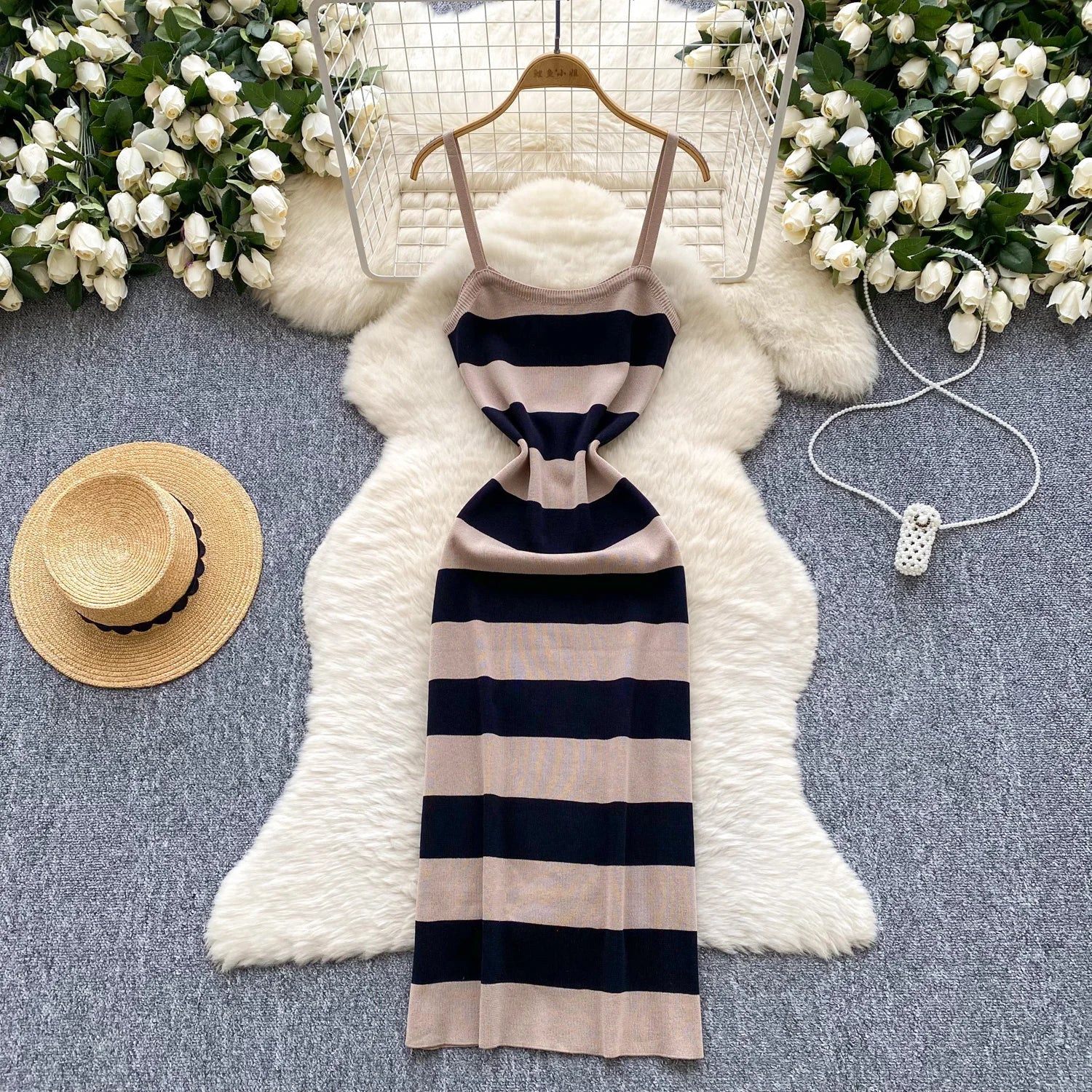 Lady New Stripes Ins Fashion Sexy Package Hips Bodycon Dress  Summer Knitted Spaghetti Straps Outfits Maxi Long Women Dress