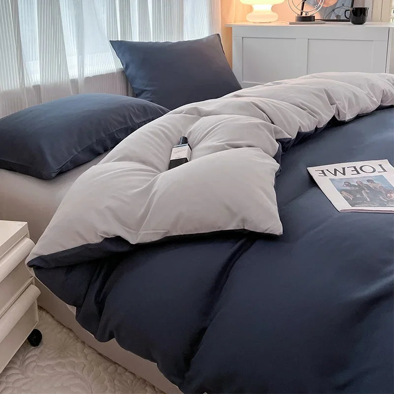 2-side Solid Color Brush Fabric Bed Set 4 Pieces Duvet Cover Pillowcase Bedding Set Bed Sheet Quilt Cover Single Queen King Size