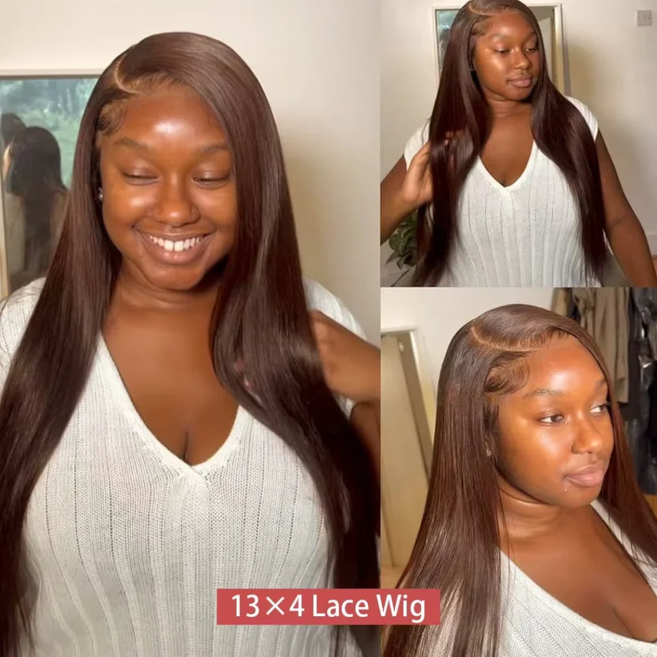 Chocolate Brown Straight 13X6 Hd Lace Frontal Wig Colored 100% Human Hair 13X4 Lace Front Wigs For Women Preplucked 30 36 Inch