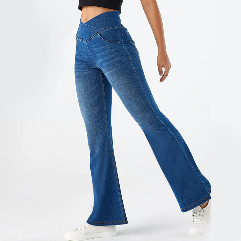 Stretch Denim Flared Pants Womens' Shiny High-Waist Denim Pants Lightweight Flare Jeans Slimming Fit Ladies' Trousers Ropa Mujer