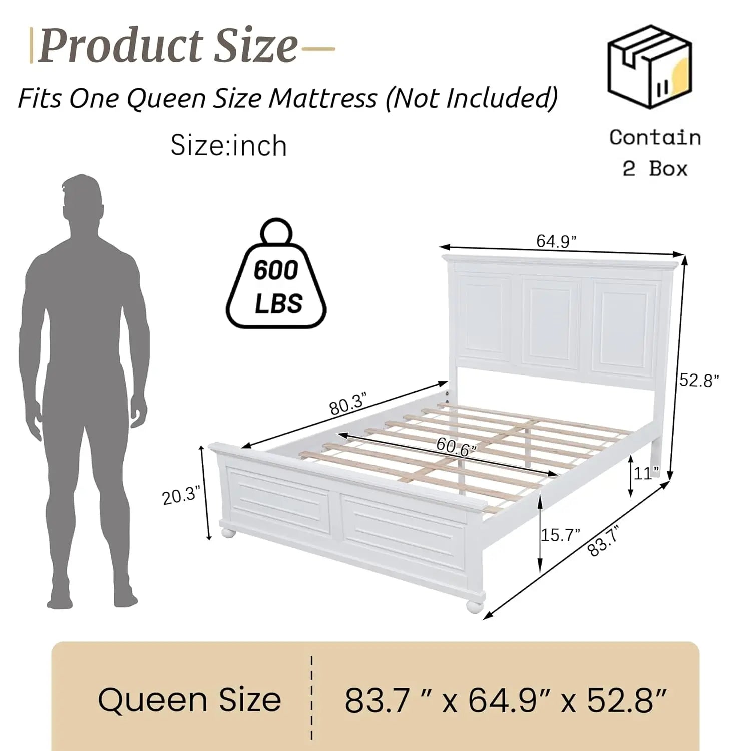 Farmhouse Queen Size Platform Bed for Adults, Solid Wood Platform Beds with Tall Headboard & Footboard, Queen Panel Bed for Bedr
